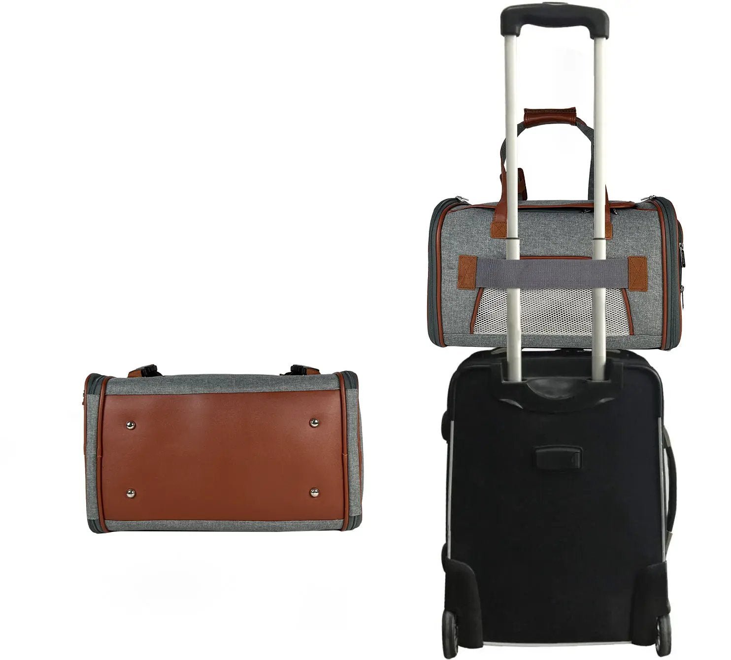 Mr. Peanut's Gold Series V2.0 Pet Carrier, air travel approved gray fabric with brown leather accents, shown on a rolling suitcase.