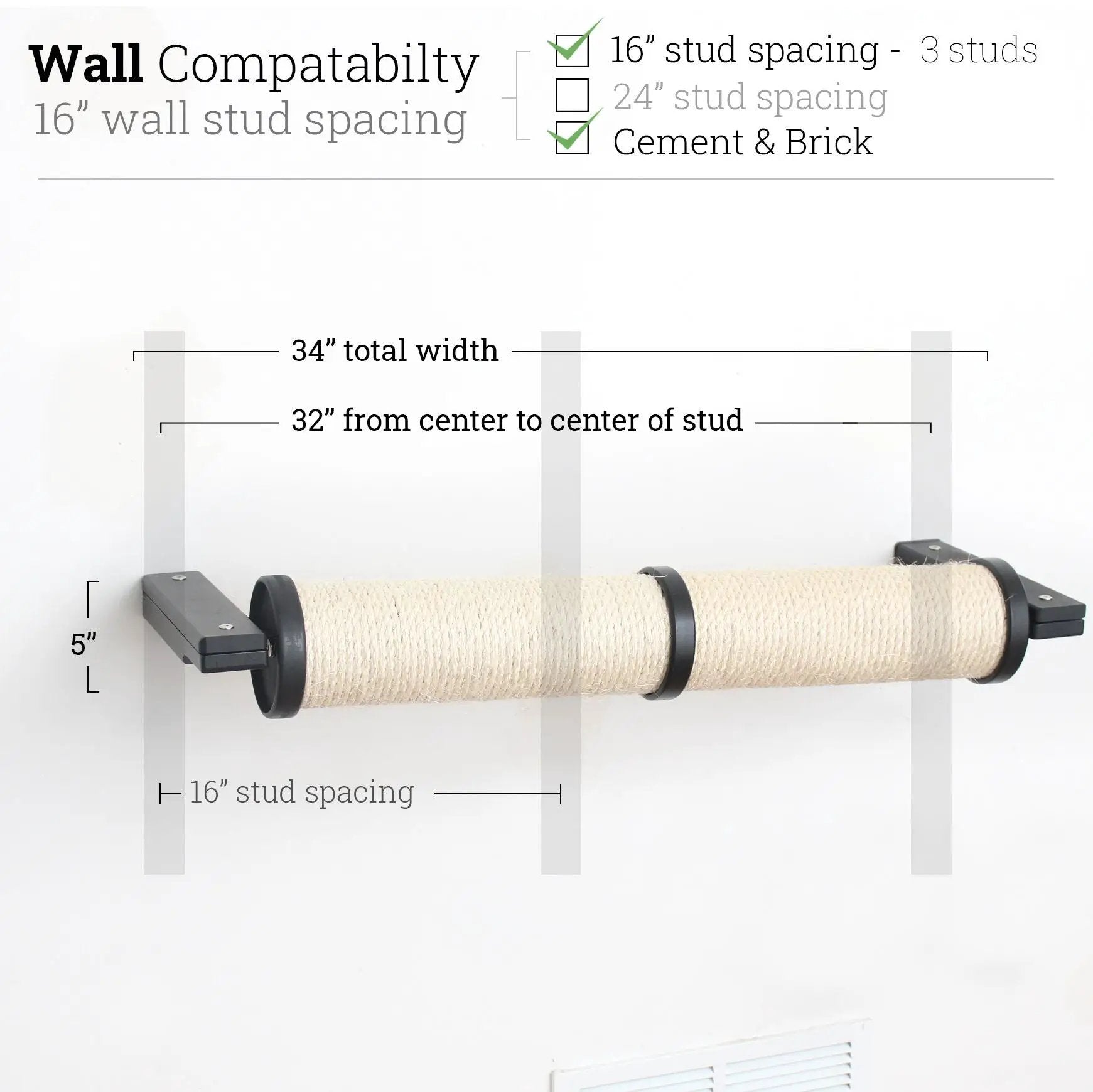 Horizontal cat scratcher by Catastrophic Creations; beige sisal rope, wall-mounted, 34-inch width.