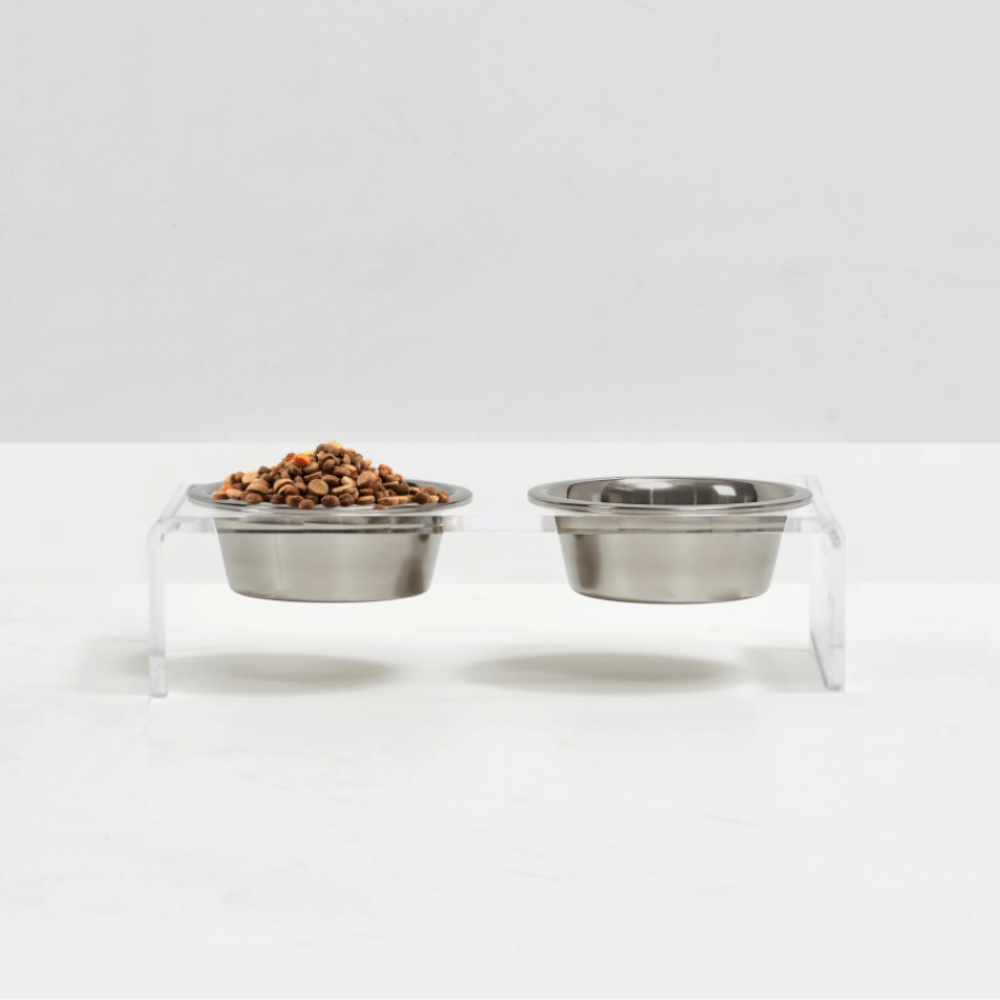 Hiddin Clear Acrylic Double Feeder with Silver Bowls – 3 in High