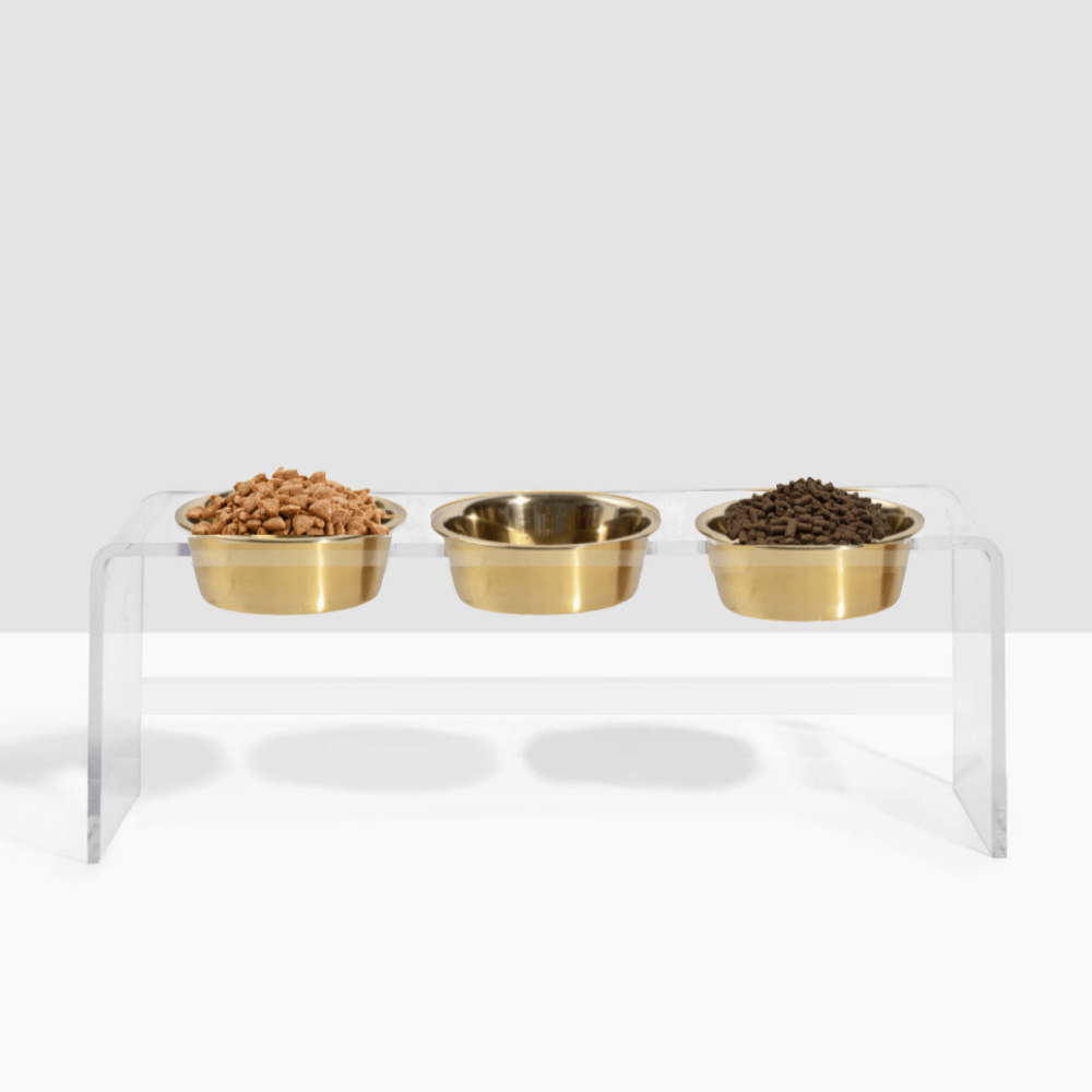 Hiddin Clear Acrylic Triple Feeder with Gold Bowls – 12 in High
