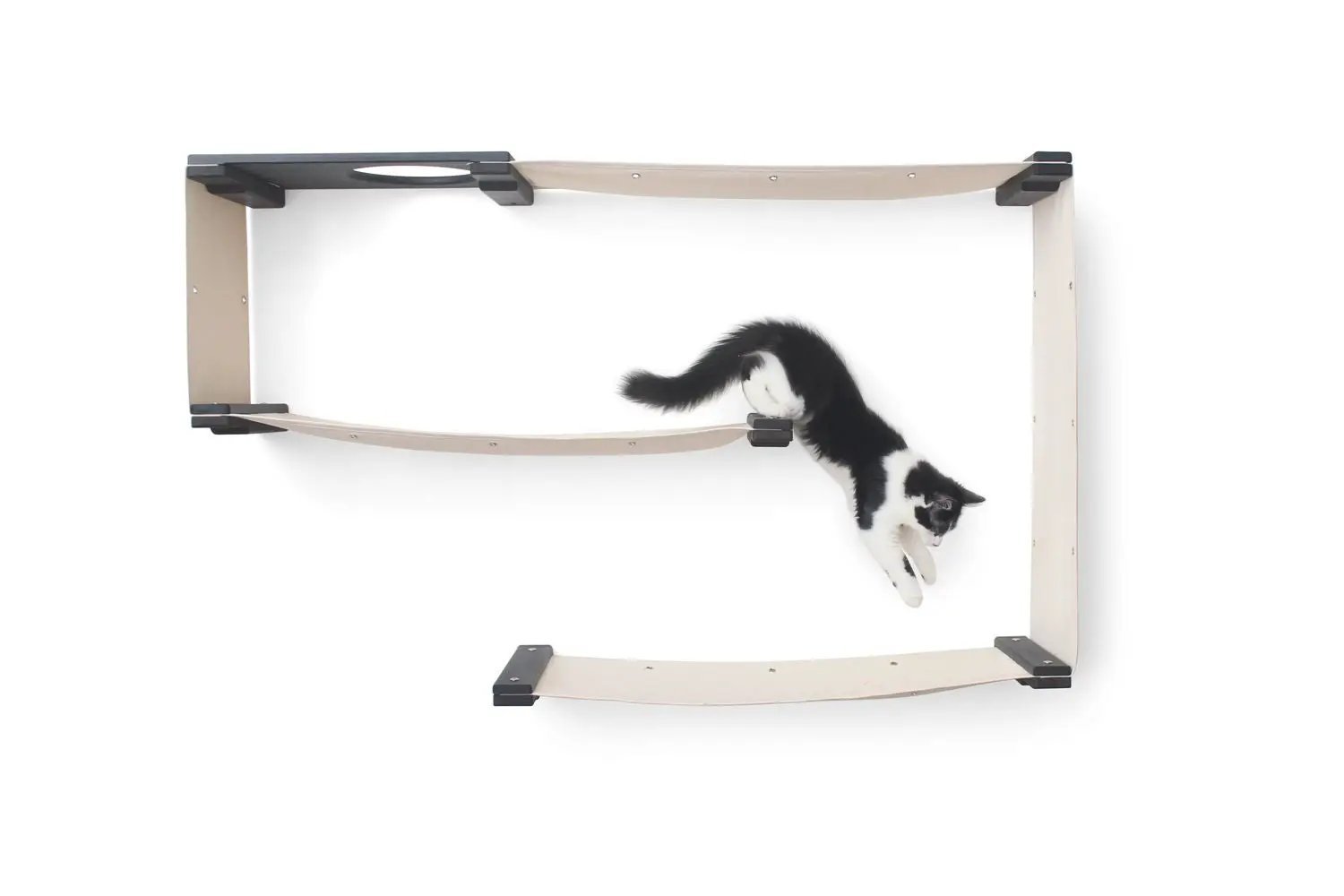 Cat Maze Wall 3-Tier Cat Tree by Catastrophic Creations; beige fabric ramps on black brackets.